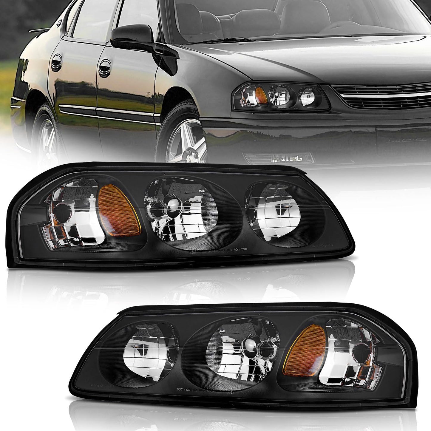 For 2000-2005 Chevy Impala Headlights Assembly,Headlamp Replacement with Chrome/Black Housing Amber Reflector Left+Right Pair