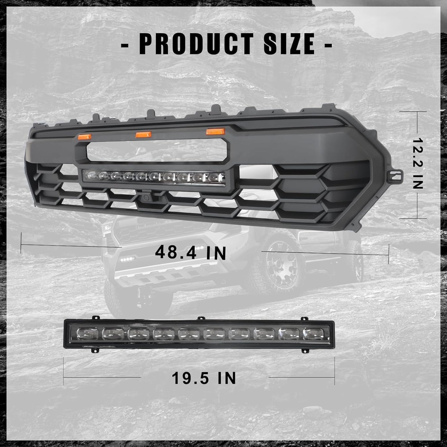 2024 Tacoma Replacement Grille, Front Hollow Grill Replacement Compatible for TACOMA 2024 Black Matte Bumper ABS Grille with LED Lights Bar+ Amber Lights