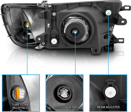 AmeriLite Replacement Halogen Headlights With Corner Lamp + Bracket For 1996-1998 Toyota 4Runner SUV N180 - Passenger and Driver Side, Vehicle Light Assembly, Black
