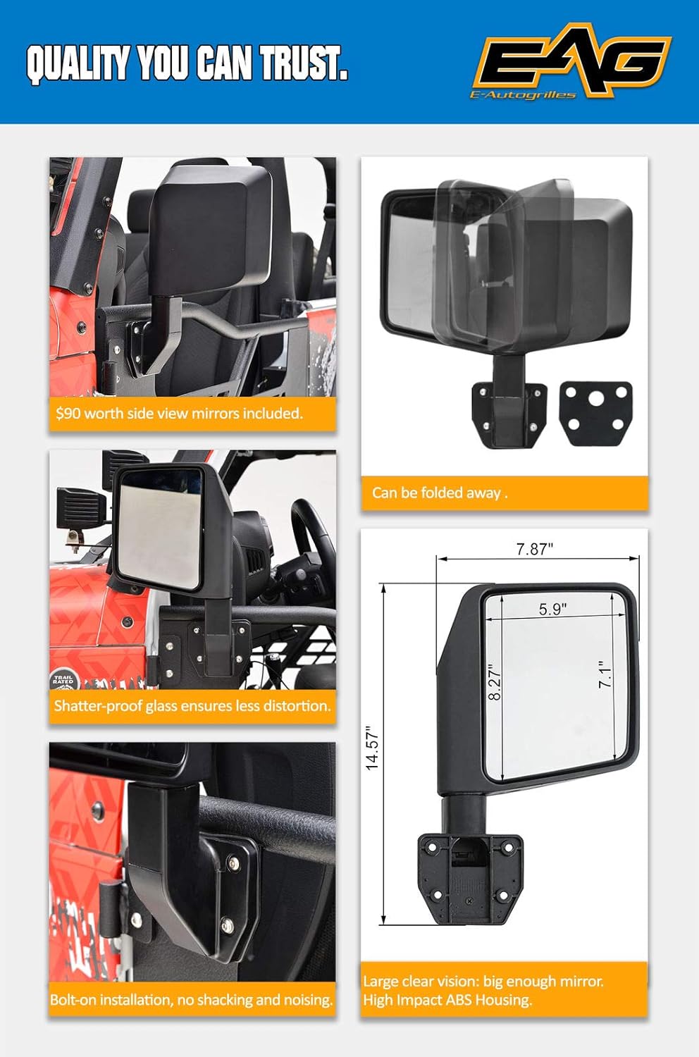 Matrix Trail Tubular Door with Side View Mirror Fit for 07-18 Wrangler JK 4 Door Only