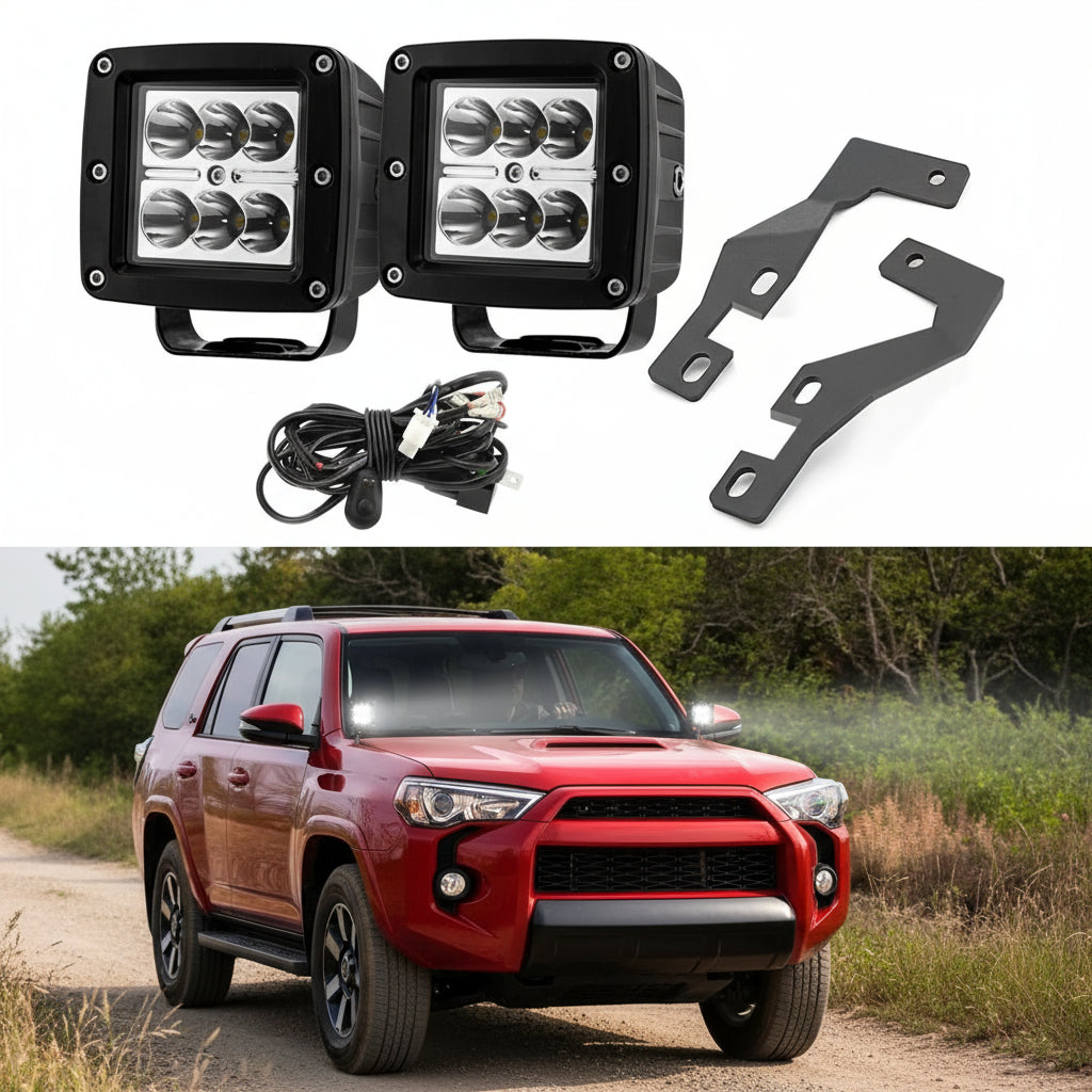 Wsays 2Pcs LED Light Pods & Ditch Hood Hinge LED Pod Mount Bracket w/Wiring Kit Compatible with Toyota 4Runner 2010-2023