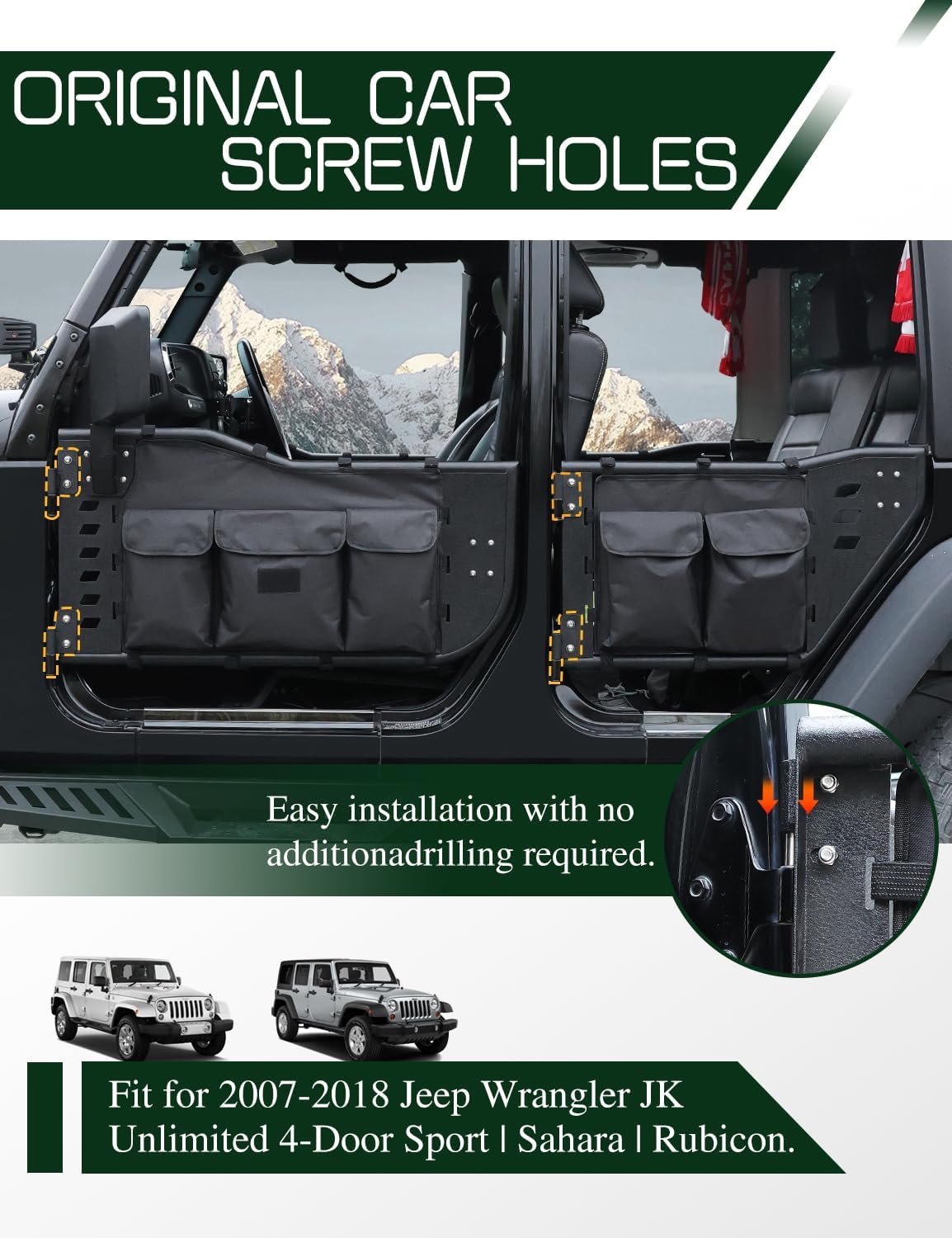 Wrangler JK Tube Half Doors Off Road Tubular Summer Doors Fit for 2007-2018 Jeep Wrangler JK Unlimited 4-Door (exclude JL & JT&2Door Models)| Front & Rear Doors 4PCS |Door storage bag