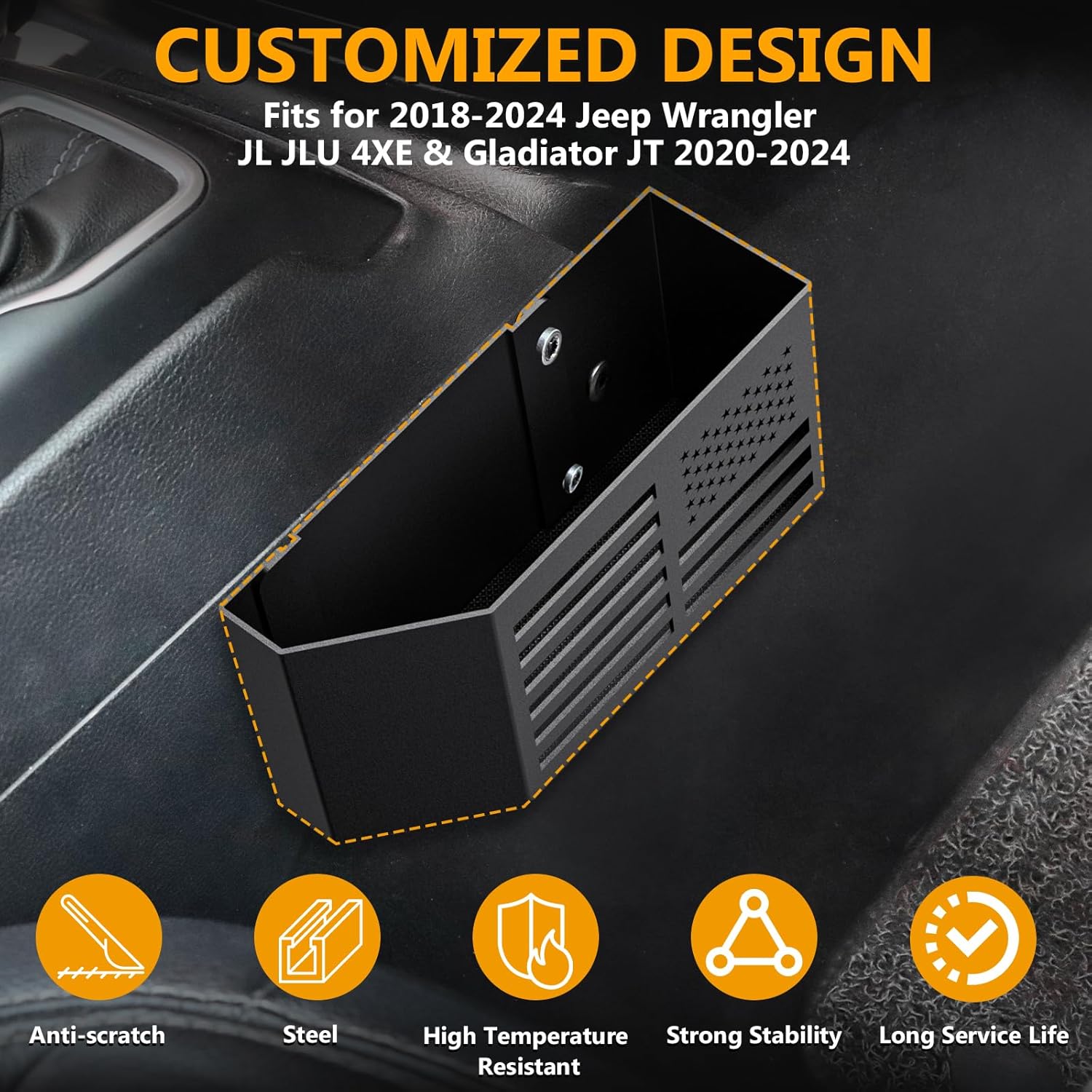 Upgrade Metal Gear Shift Center Console Organizer for Jeep Wrangler Accessories and Jeep Gladiator JL JLU 2025 2024 2023 2022-2018 Rubicon Sahara 4xe Storage Box Tray,Flag Logo (Not for JK/JKU)