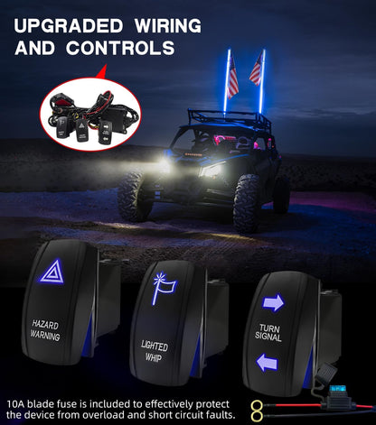 2pcs 4ft LED Whip Lights New Upgrade Spring Base with Bluetooth and Remote Control Spiral RGB Chase Light - OMOTOR