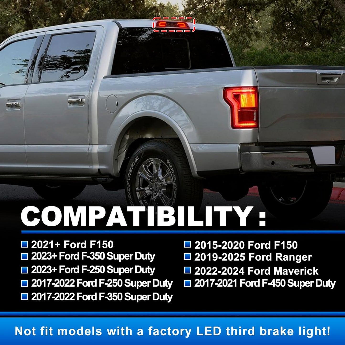 Third 3rd Brake Light LED for 2017-2022 F'ord F250 F350 F450 F550 Super Duty Ranger Maverick 15-20 F150 F'ord Center High Mount Rear Cab Brake Lights with Seal Gasket (Smoke Lens)