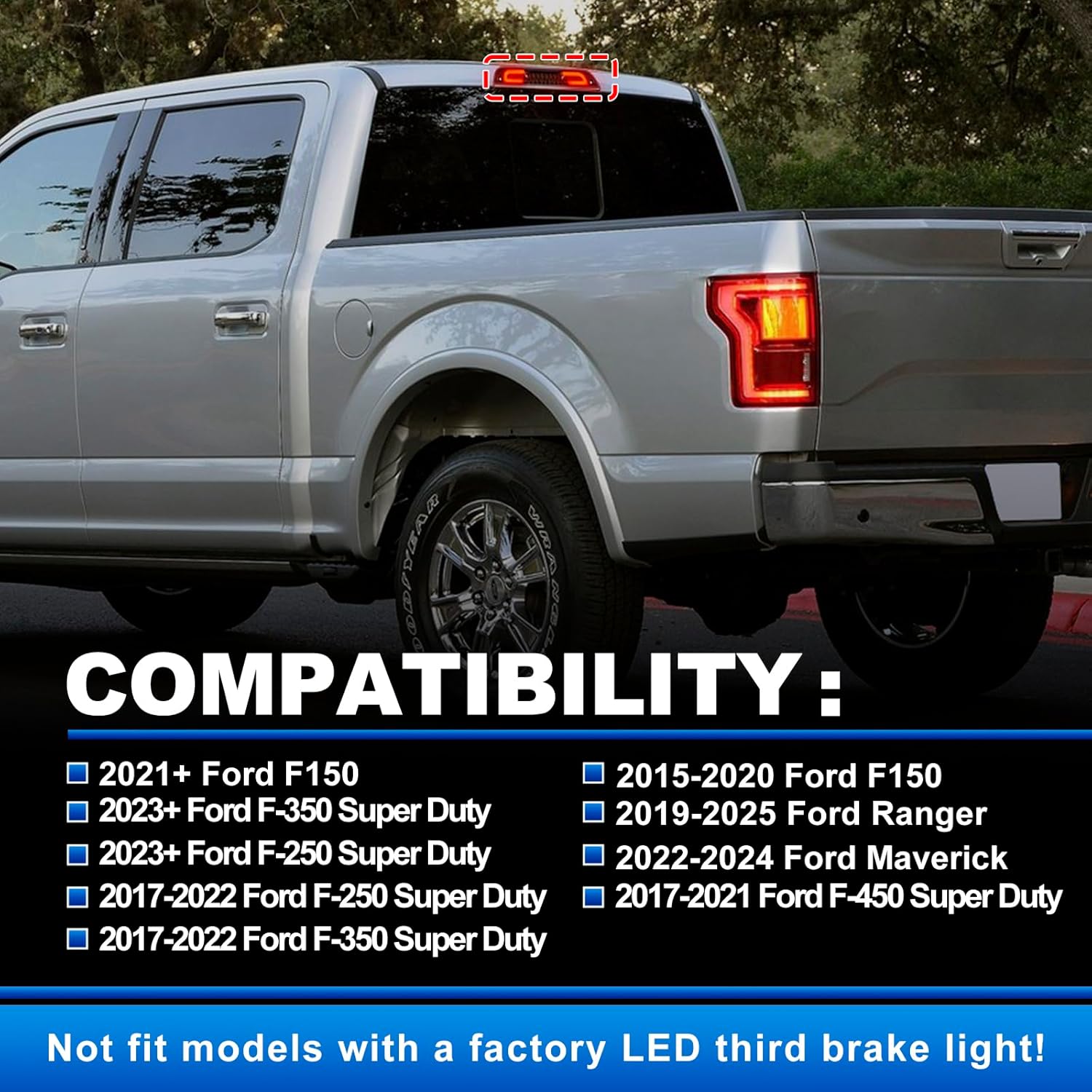 Third 3rd Brake Light LED for 2017-2022 F'ord F250 F350 F450 F550 Super Duty Ranger Maverick 15-20 F150 F'ord Center High Mount Rear Cab Brake Lights with Seal Gasket (Smoke Lens)