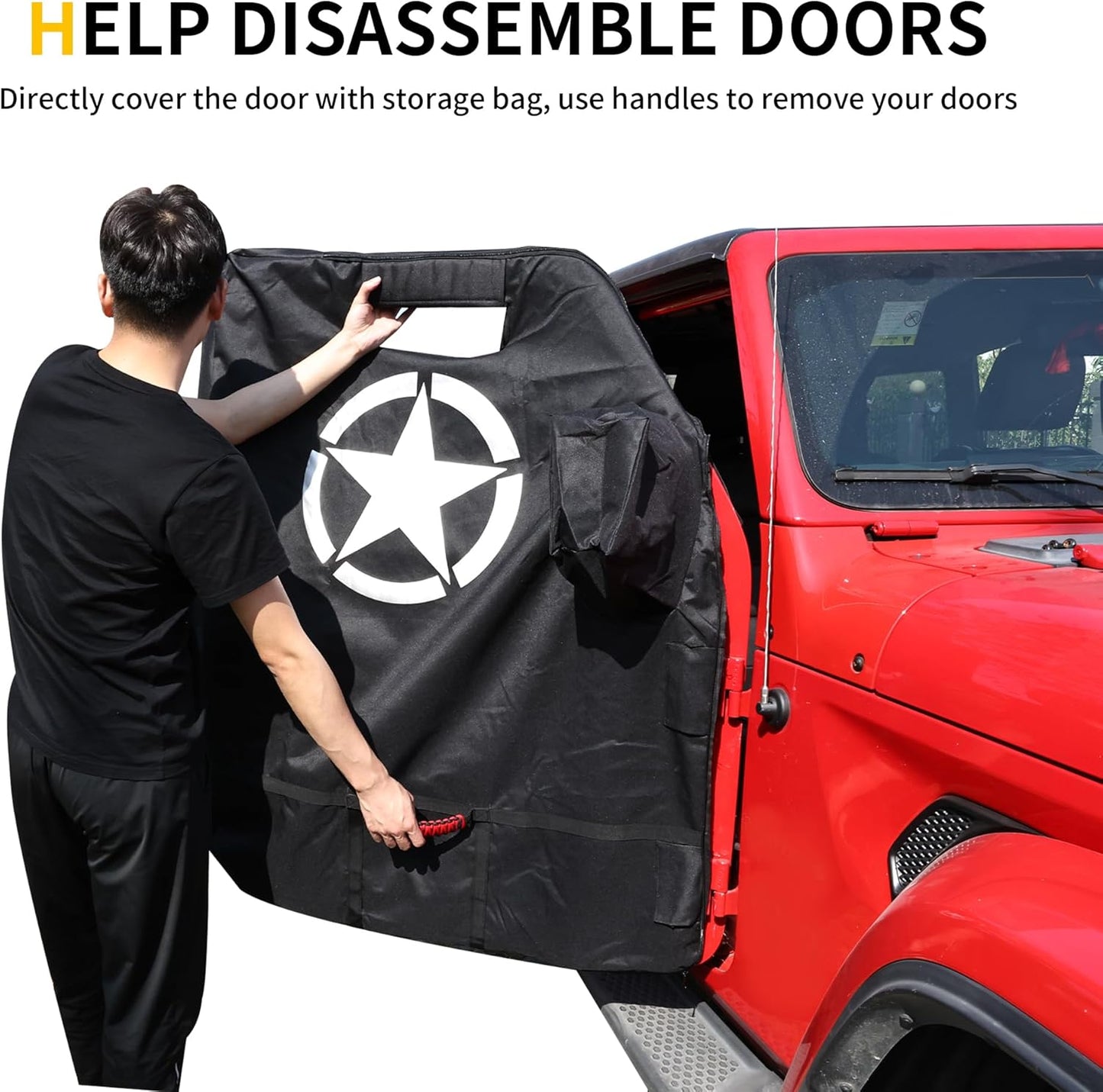 Door Storage Bags Compatible with 1976-2025 Jeep Wrangler YJ TJ JK JL 4XE Gladiator JT Accessories Car Doors Storage Cover with Hangers Design, Hinges Cut, Mirror Organizer Bag, Handles, 2 Pack