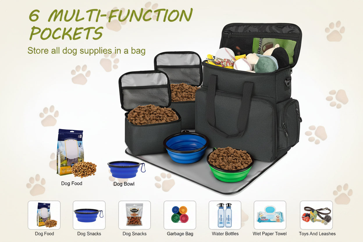 Dog Travel Bag Airline Approved–Pet Travel Tote with Collapsible Bowls,Food Containers & Feeding Mat–Multi-Pocket Organizer for Dogs & Cats, Durable & Water-Resistant for Hiking,Trips,Outdoors