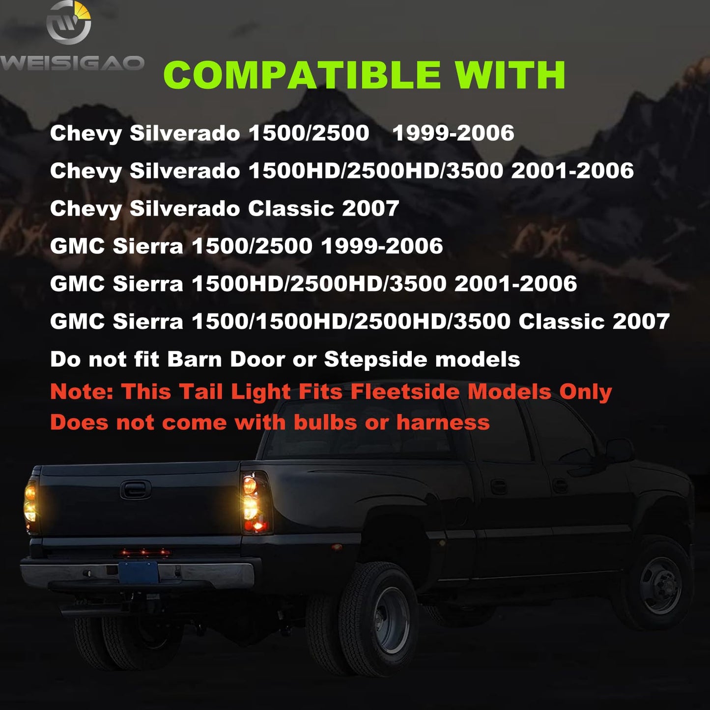 Tail Lights Fit For 1999-2006 Chevy Silverado; 1999-2006 GMC Sierra 1500 2500; 2001-2006 Chevy Silverado&GMC Sierra 1500HD 2500HD 3500; 2007 Silverado&GMC Sierra 1500 1500HD 2500HD 3500 Classic BODY