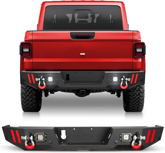 Rear Bumper Compatible with Jeep Gladiator JT 2020 2021 2022 2023 2024 2025, Textured Black Pickup Truck Bumper for 2020-2025 Gladiator JT, with Step Plate, Lights, Sensor Holes and D-rings