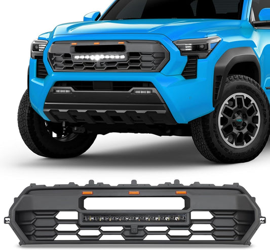 2024 Tacoma Replacement Grille, Front Hollow Grill Replacement Compatible for TACOMA 2024 Black Matte Bumper ABS Grille with LED Lights Bar+ Amber Lights