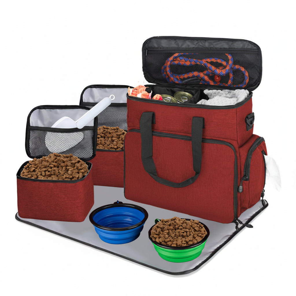 Dog Travel Bag Airline Approved–Pet Travel Tote with Collapsible Bowls,Food Containers & Feeding Mat–Multi-Pocket Organizer for Dogs & Cats, Durable & Water-Resistant for Hiking,Trips,Outdoors