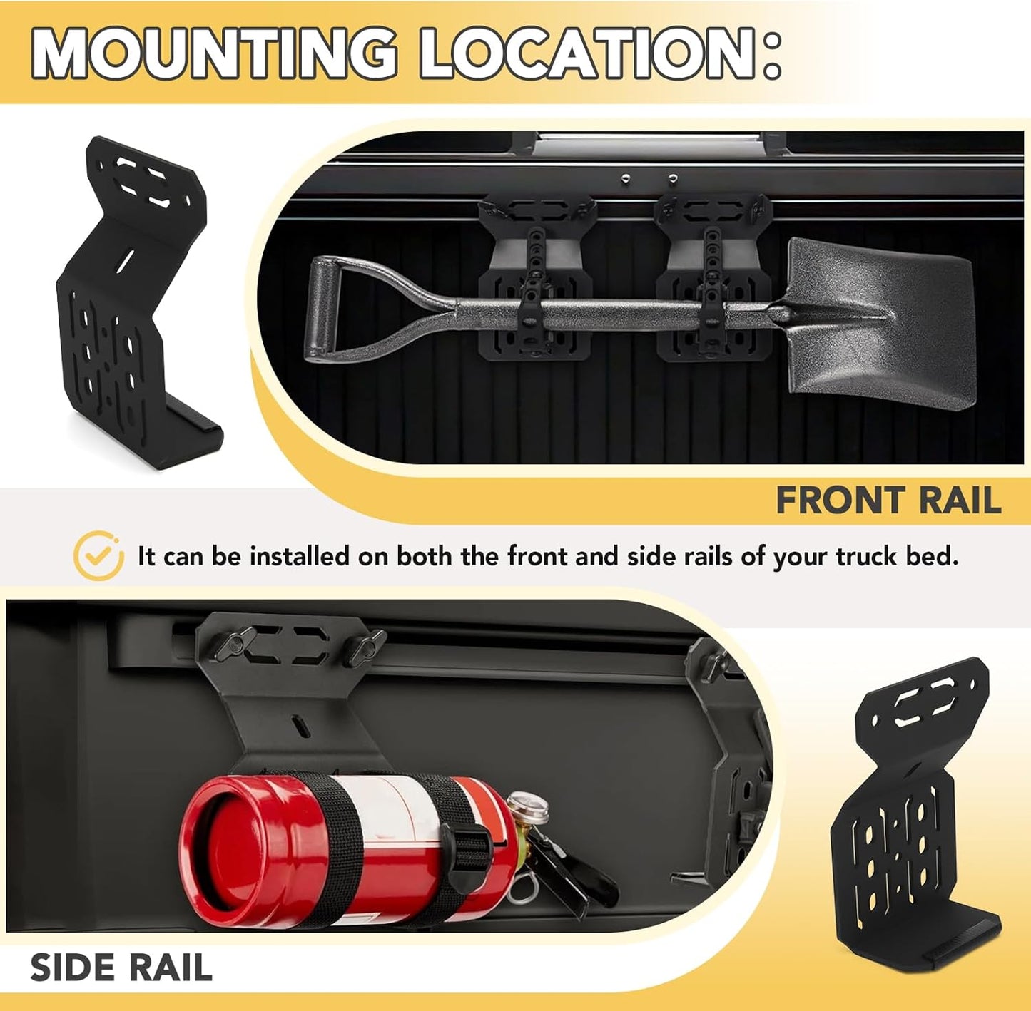 Bed Rail Mount Brackets Compatible with Tacoma Bed Rail Module Systems for Shovels, Axes, Recovery Plates, Fuel Tanks
