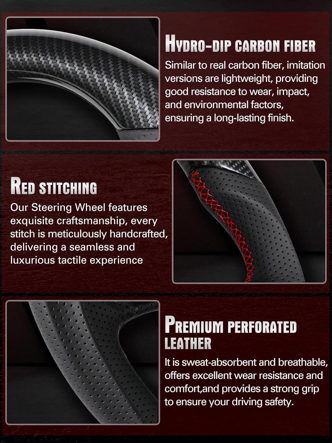 Steering Wheel for Ford Bronco 2021–2025 Hydro-Dip Carbon Fiber with D-Shaped Flat-Bottom Perforated Leather Grip Compatible with Bronco Big Bend/Outer Banks/Badlands/Wildtrak/First Edition