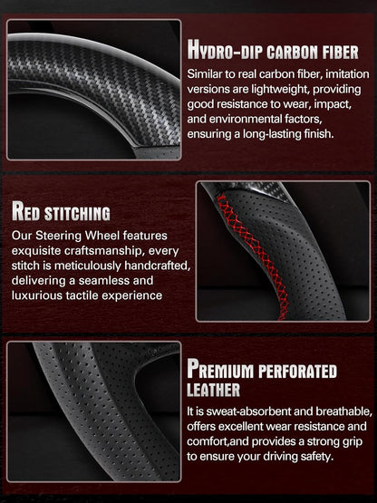 Steering Wheel for Ford Bronco 2021–2025 Hydro-Dip Carbon Fiber with D-Shaped Flat-Bottom Perforated Leather Grip Compatible with Bronco Big Bend/Outer Banks/Badlands/Wildtrak/First Edition