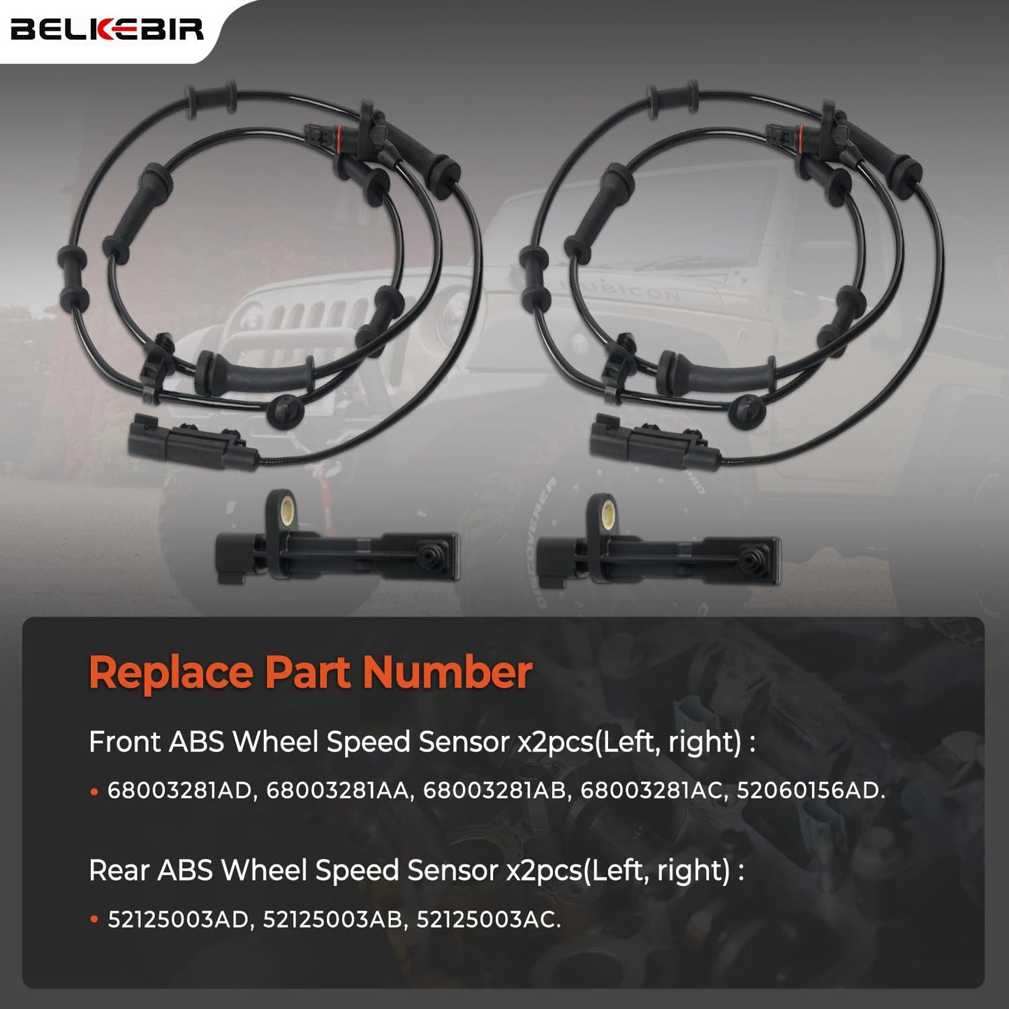 4PCS ABS Wheel Speed Sensor Front & Rear, Left & Right Compatible with 2007-2011 Jeep Wrangler 3.8L, 2012-2017 Jeep Wrangler 3.6L Replace 68003281AA, 68003281AB, 52125003AD, 52125003AB, 52125003AC