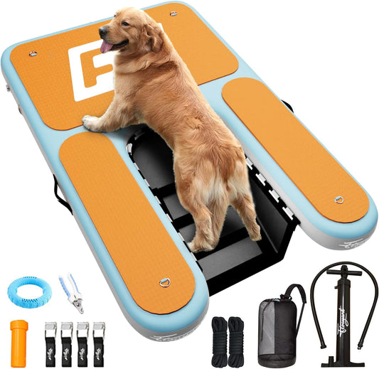 Inflatable Dog Water Ramp | 60×40" Oversized Floating Puppy Ladder | Water Docks Up to 230lbs | High Stability & Non-Slip EVA | Floating Dog Pool Ramp for Lake, Pool, Boat, Dock