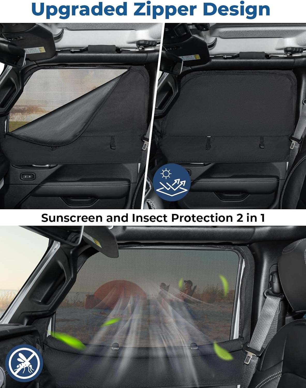 JOYTUTUS Front Wrangler Side Window Sun Shade Camping Window Insect Screen Compatible with Wrangler JK JL Gladiator JT 2007-2024, Car Window Covers for Privacy Blackout 2 Pcs
