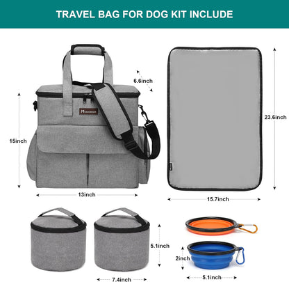 Dog Travel Bag, Weekend Pet Travel Set for Dog and Cat, Airline Approved Tote Organizer with Multi-Function Pockets, 2 Food Storage Containers, 2 Collapsible Bowls, 1 Feeding Mat (Grey) - OMOTOR