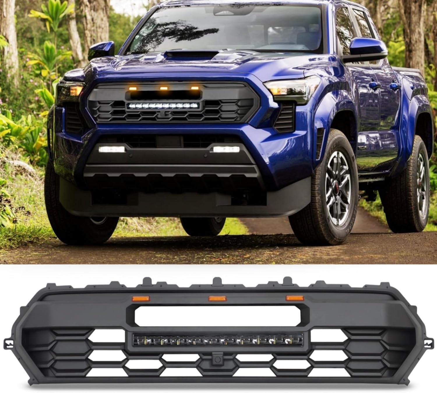 2024 Tacoma Replacement Grille, Front Hollow Grill Replacement Compatible for TACOMA 2024 Black Matte Bumper ABS Grille with LED Lights Bar+ Amber Lights