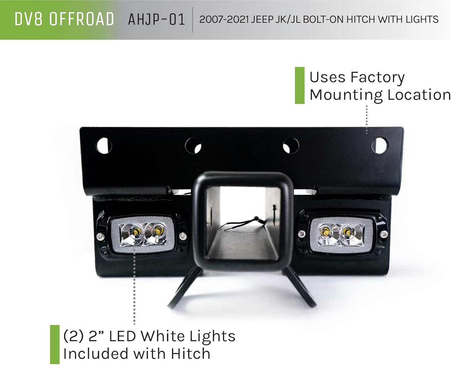 Bolt-on Hitch with Lights Compatible with 2007-2018 Jeep Wrangler JK & 2018-2025 Jeep Wrangler JL | Uses Factory Mounting Location | 2-inch Receiver | LED Lights Included | DV8 Offroad