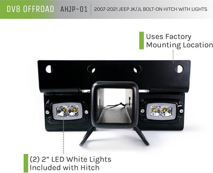 Bolt-on Hitch with Lights Compatible with 2007-2018 Jeep Wrangler JK & 2018-2025 Jeep Wrangler JL | Uses Factory Mounting Location | 2-inch Receiver | LED Lights Included | DV8 Offroad