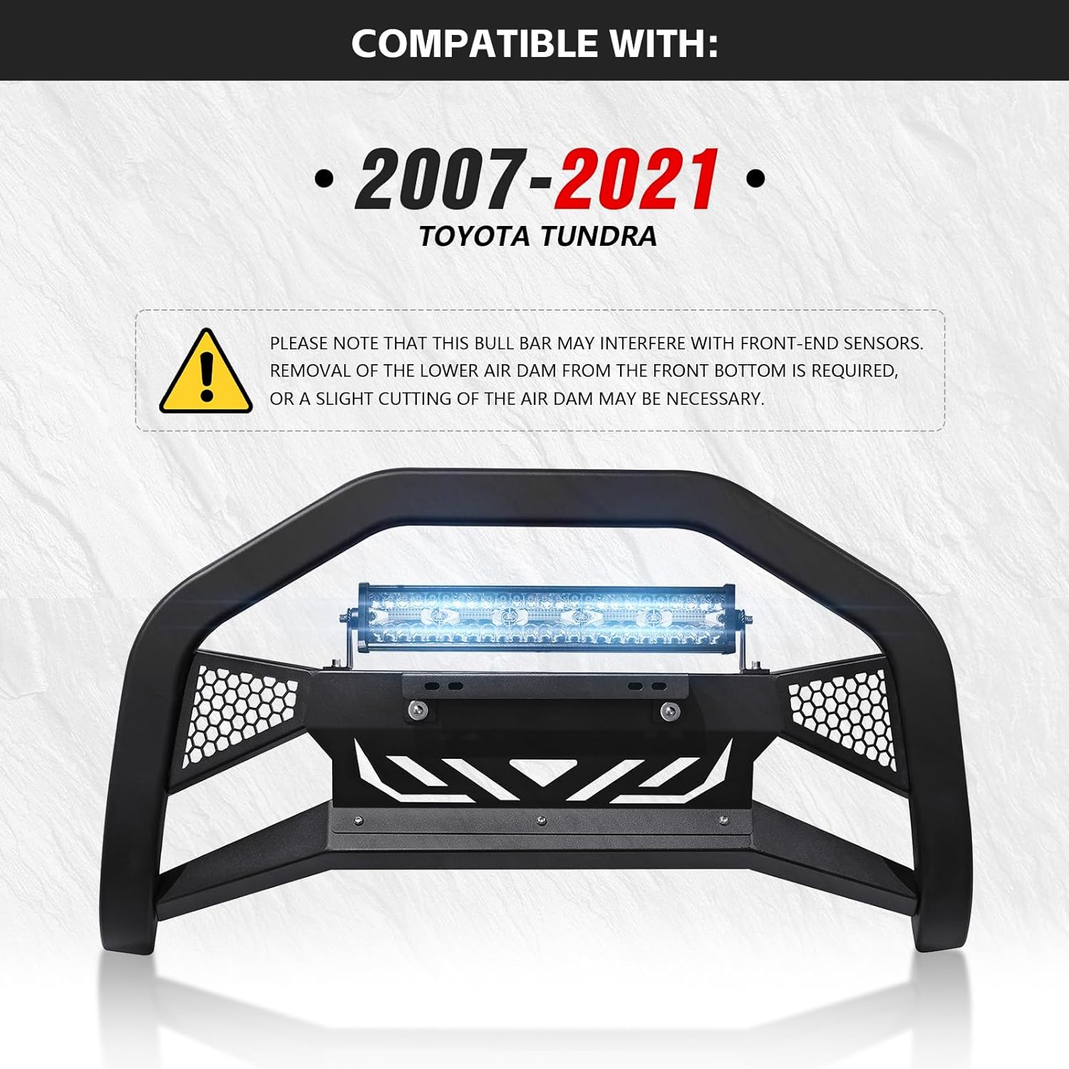 Bull Bar with License Plate Frame & LED Light Bar Compatible for 2007-2021 Toyota Tundra, Truck Grille Guard Brush Push Bar Front Bumper (Include Light Mount & Skid Plate)