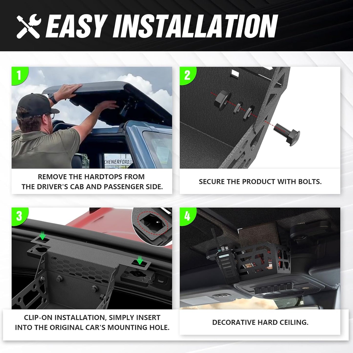 Overhead Storage Compatible with Ford Bronco 2021 2022 2023 2024 2025 2026, Console Organizer Hard Top Basket Interior Steel Storage Panel Tray (Exclude Soft Top)