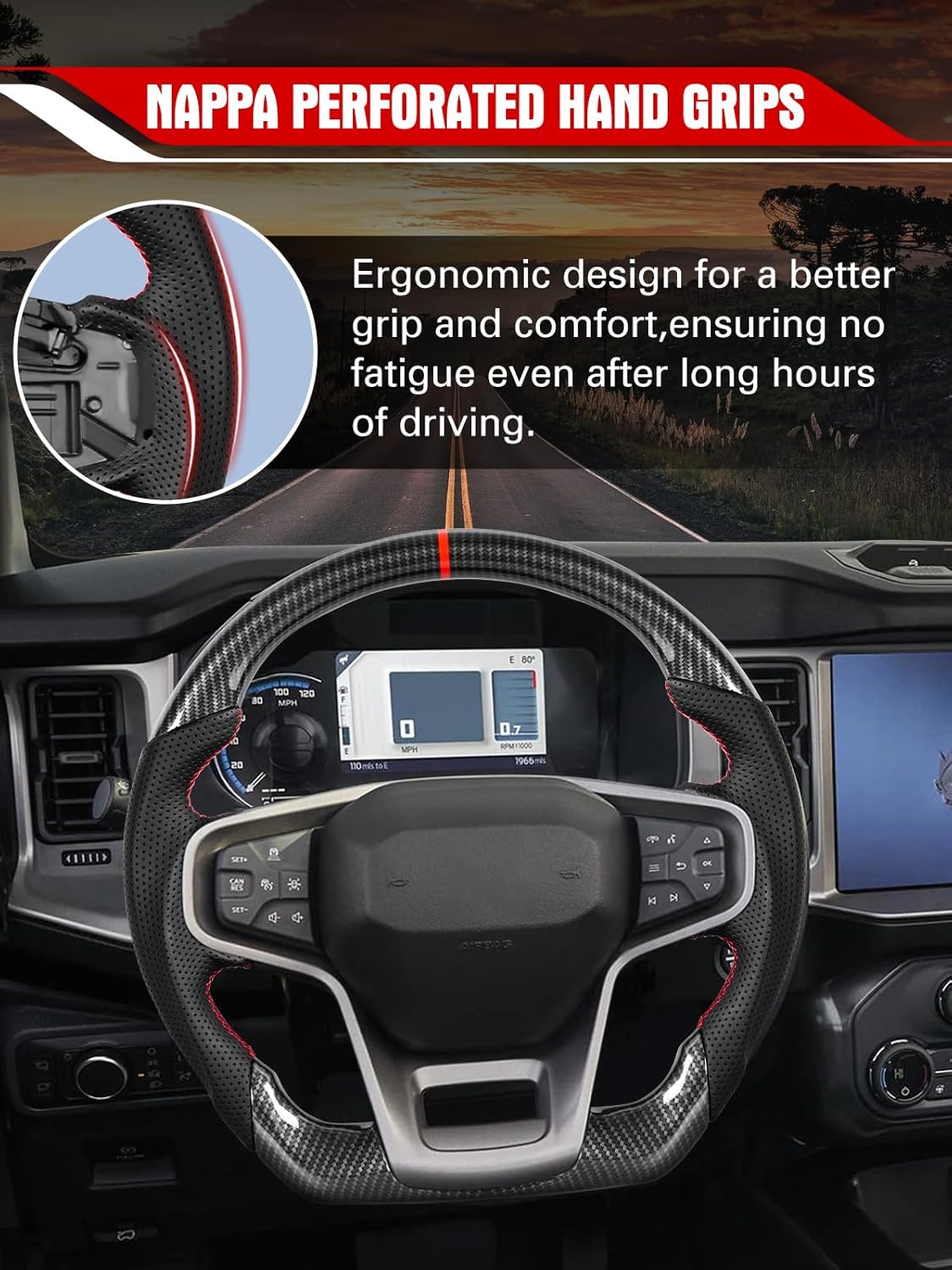 Steering Wheel for Ford Bronco 2021–2025 Hydro-Dip Carbon Fiber with D-Shaped Flat-Bottom Perforated Leather Grip Compatible with Bronco Big Bend/Outer Banks/Badlands/Wildtrak/First Edition