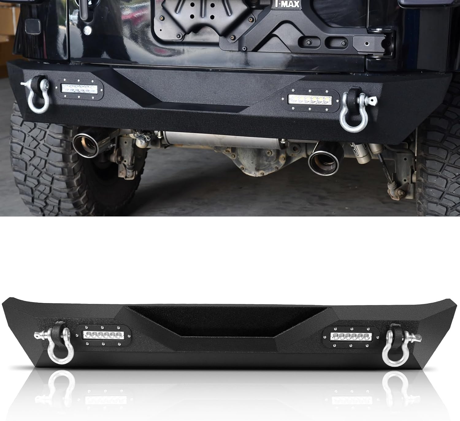 Rear Bumper compatible with Jeep Wrangler JK 2007-2018 JKU Unlimited,Steel Rear Bumper with D-rings and 2 LED Lights,Carbon Steel Black Powder-Coated
