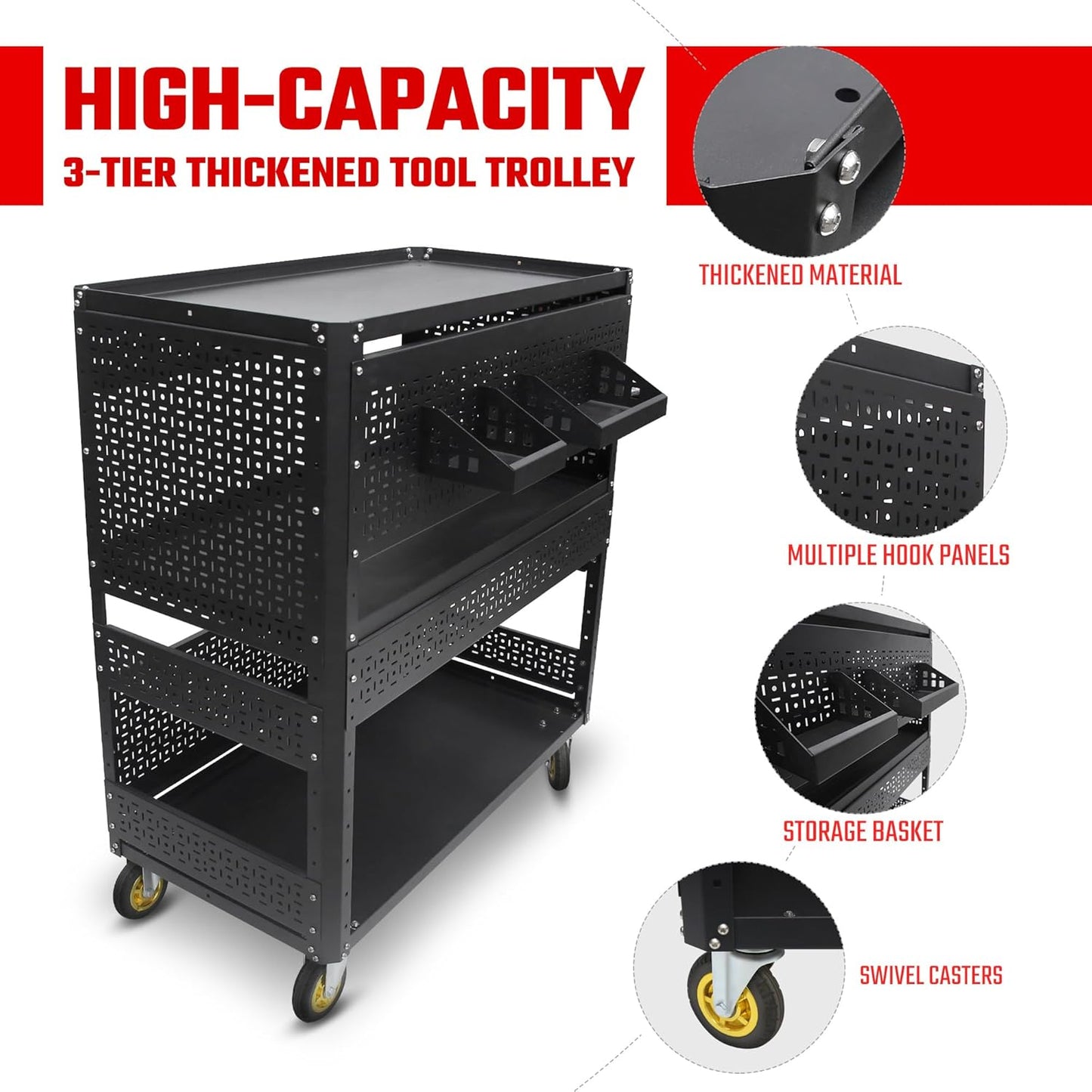 3-Tier DIY Detachable Utility Cart Storage Tool Cart with Steel Pegboard, Foldable Rolling Tool Cart with Wheels for Garage Organizer and Tool Storage