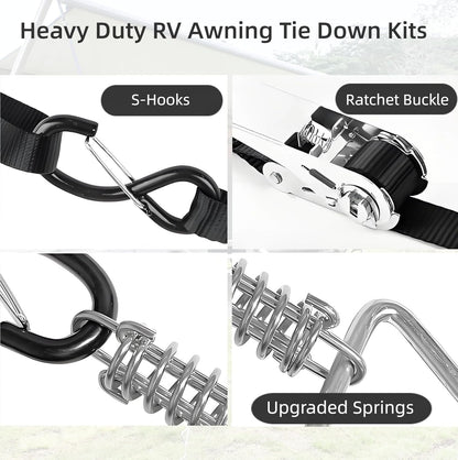 RV Awning Tie Down Kit for Wind WanDwel Heavy Duty Camper Anchors Canopy Support Parts & Accessories,13ft Ratchet Straps Upgrade Springs