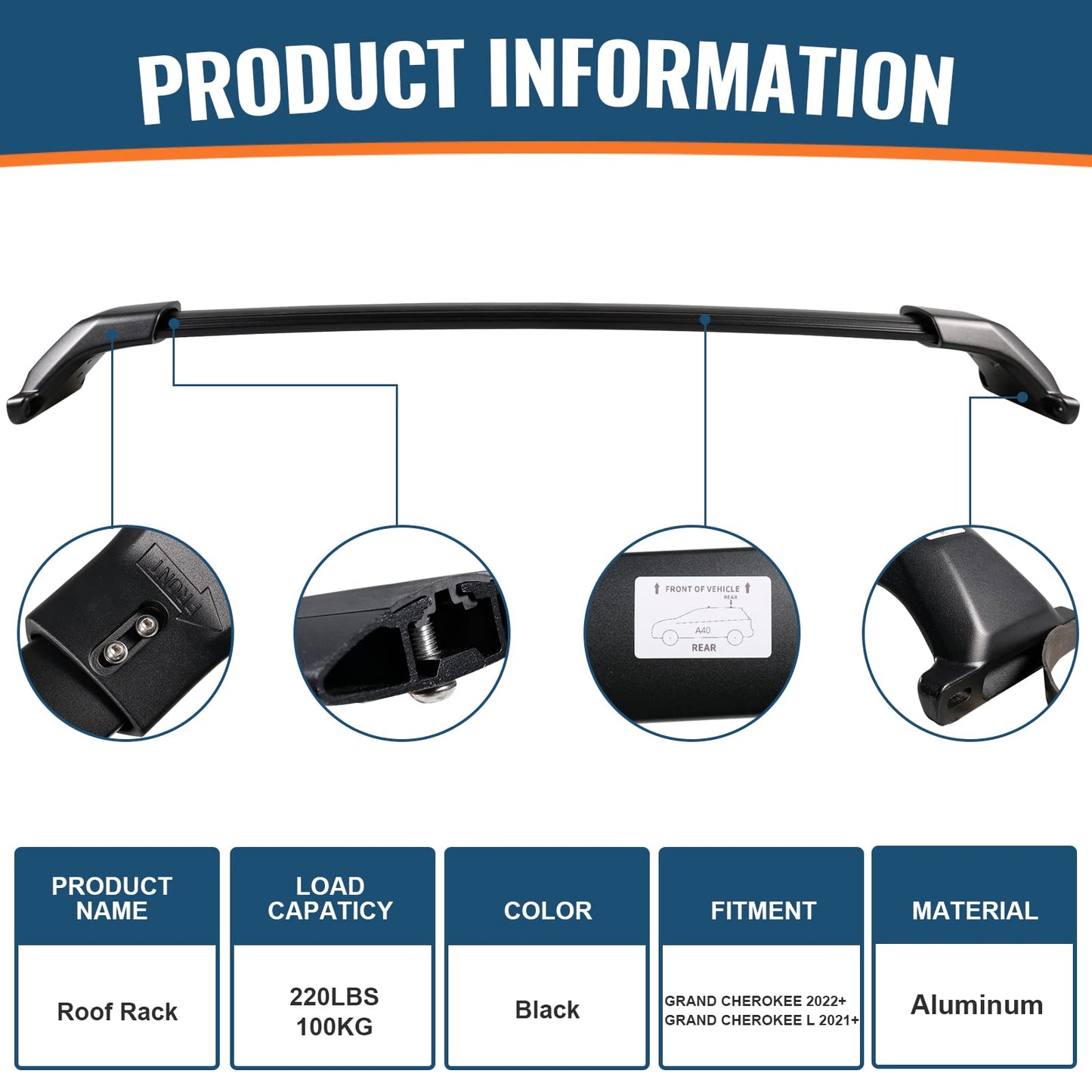 Roof Rack Cross Bars Compatible with Jeep Grand Cherokee L 2021-2024 and 2022 2023 2024 Grand Cherokee WL, Heavy Duty 220lb Aluminum Crossbar Racks Roof Rail Rooftop Luggage Canoe Carrier