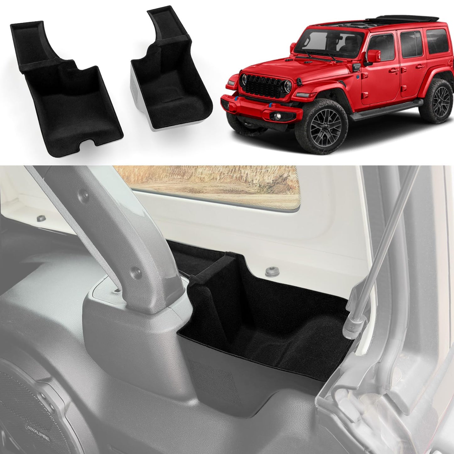 Wheel Well Storage Bin Fit for 2018-2023 Jeep Wrangler JL JLU 4XE, Cargo Organizer Tray Trunk Side Storage Box for Wrangler JL 4 Door Accessories(Left+Right, Not fit 2024 Model)