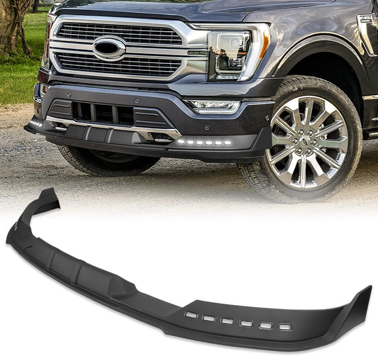 Front Bumper Lip fit for Compatible with Ford F-150 F150 (2021-2023), Front Lip Spoiler Air Chin Body Kit Splitter, Matt Black ABS, 2022, LED Sequential Running Lights, STP-Style
