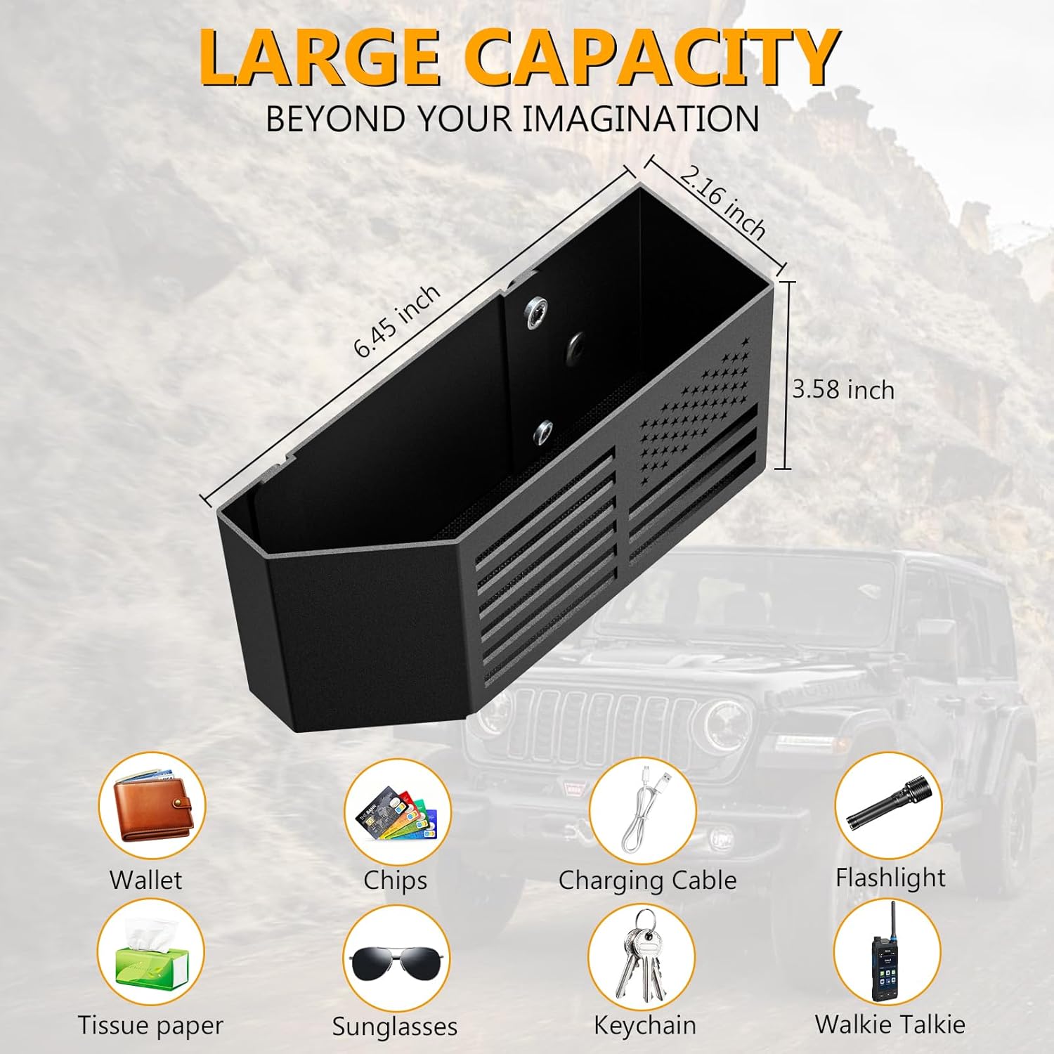Upgrade Metal Gear Shift Center Console Organizer for Jeep Wrangler Accessories and Jeep Gladiator JL JLU 2025 2024 2023 2022-2018 Rubicon Sahara 4xe Storage Box Tray,Flag Logo (Not for JK/JKU)