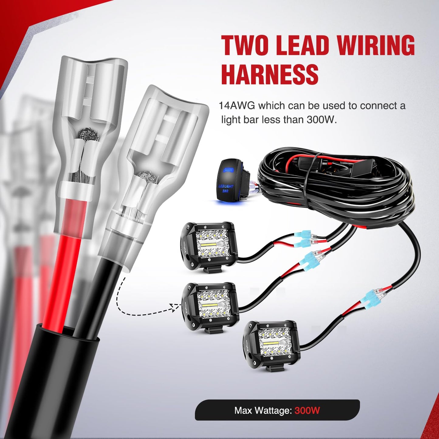 10014W LED Light Bar Wiring Harness Kit 14AWG Heavy Duty 12V 5Pin Rocker Laser On Off Waterproof Switch Power Relay Blade Fuse