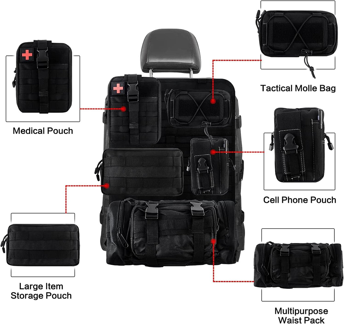 Universal Tactical Car Seat Back Organizer Patrol Bag Tactical Molle Vehicle Organizers with 5 Detachable Molle Pouches Multi-function Designed