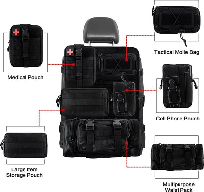 Universal Tactical Car Seat Back Organizer Patrol Bag Tactical Molle Vehicle Organizers with 5 Detachable Molle Pouches Multi-function Designed