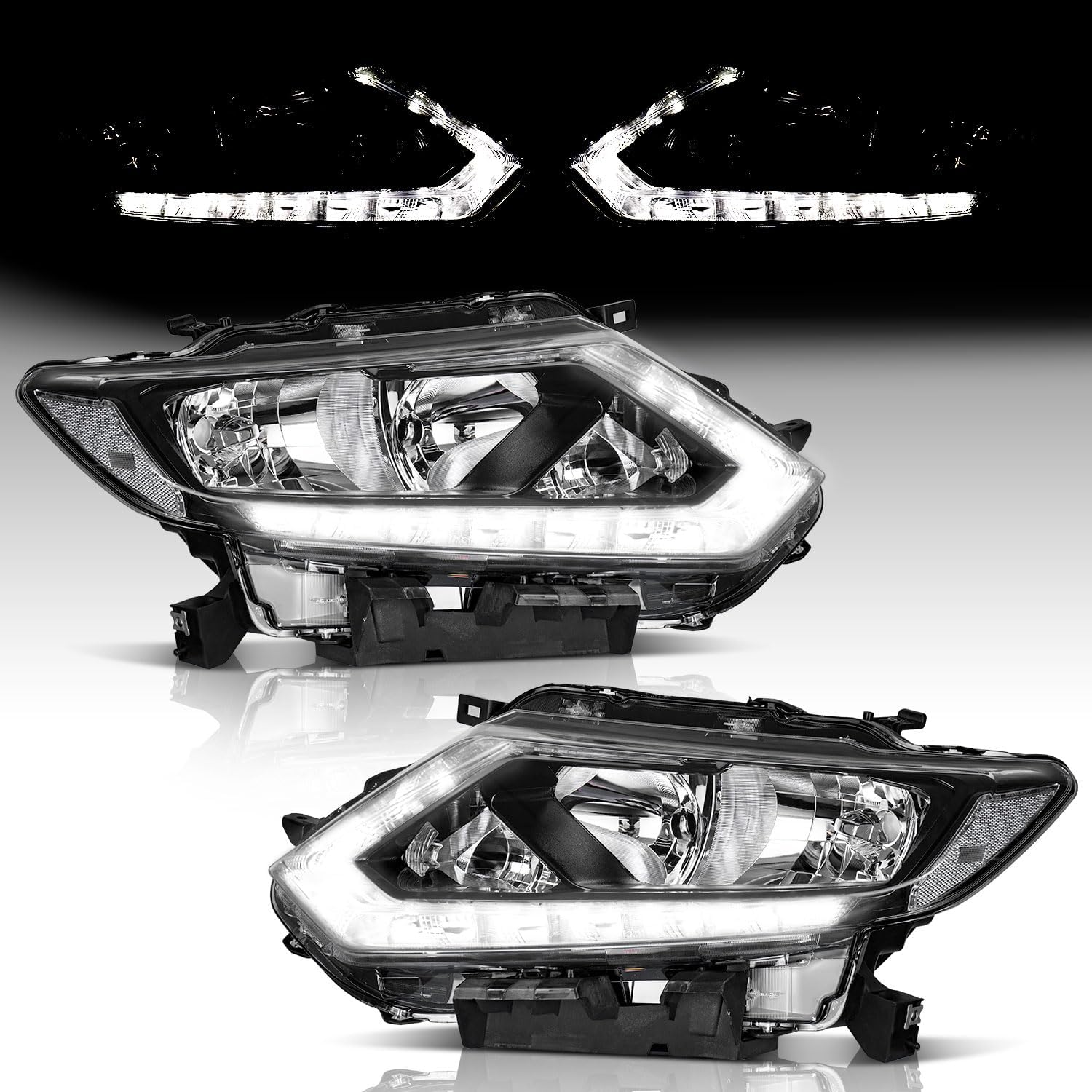 LED DRL Headlight Assembly Pair for 2014-2016 Nissan Rogue - Fits Factory Halogen Models Only (No Projector)