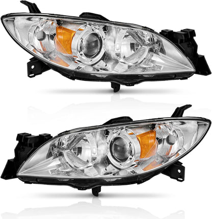 Headlight Assembly for 2004-2009 Mazda 3 Sedan - Black/Chrome Housing, Projector Style (Not for HID or Hatchback Models) - OMOTOR