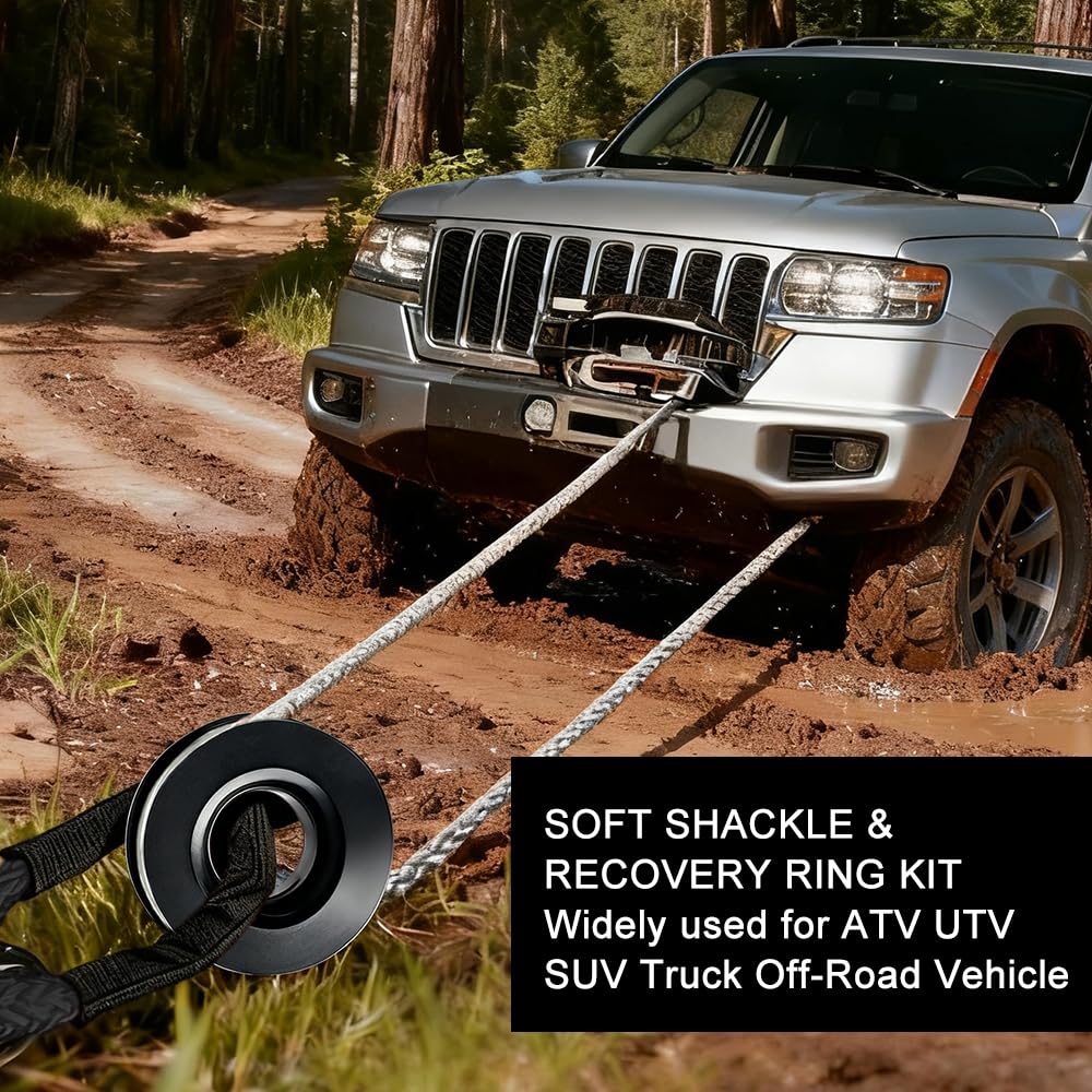 Snatch 66000 LB Recovery Ring with 2 PCS Soft Shackle 1/2" X 22 Inch Winch Rope for ATV UTV SUV Truck Off Road
