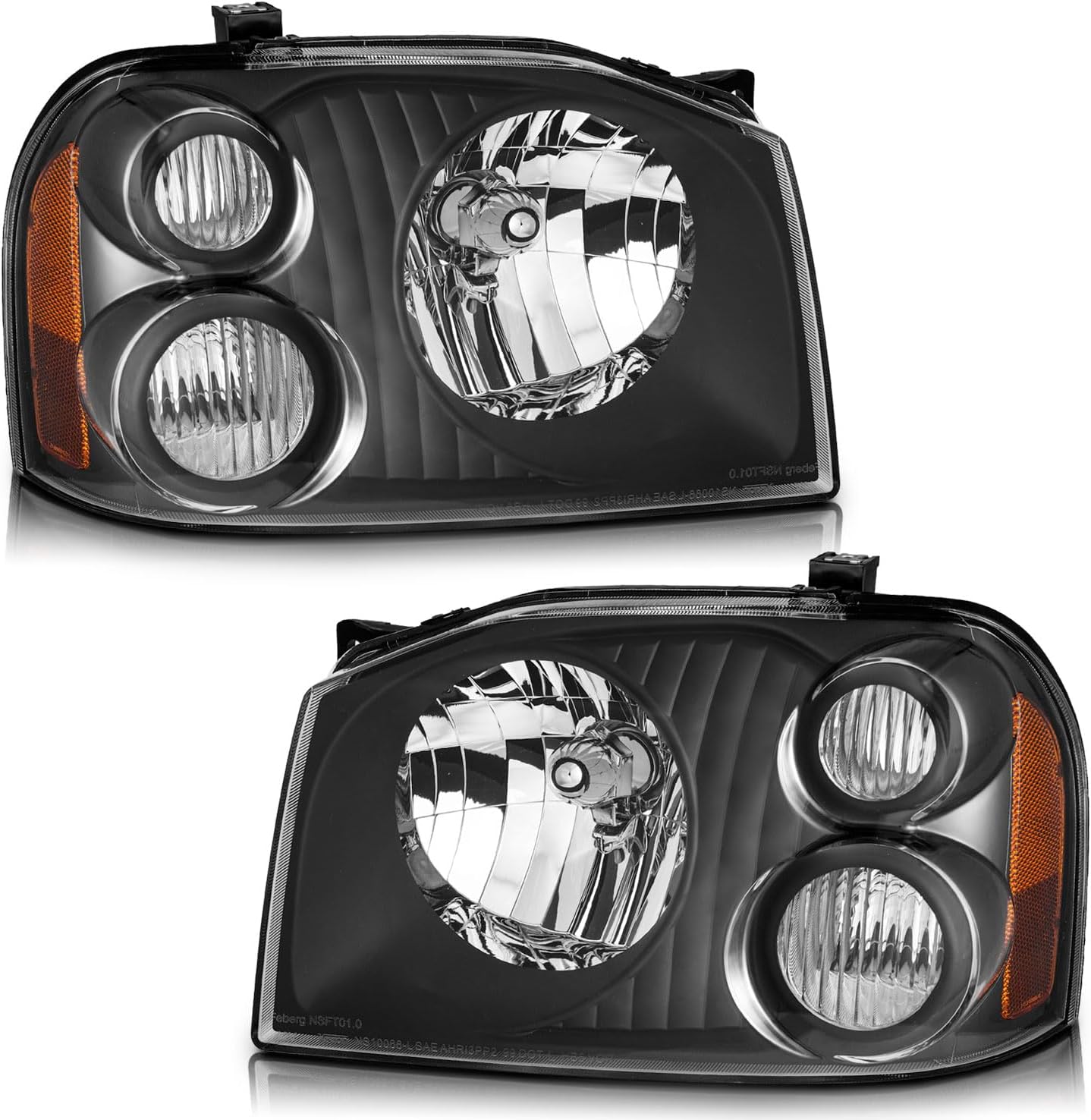Headlight Assembly for 2001-2004 Nissan Frontier - Black/Chrome Housing with Amber Reflector, Replacement