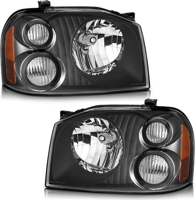 Headlight Assembly for 2001-2004 Nissan Frontier - Black/Chrome Housing with Amber Reflector, Replacement