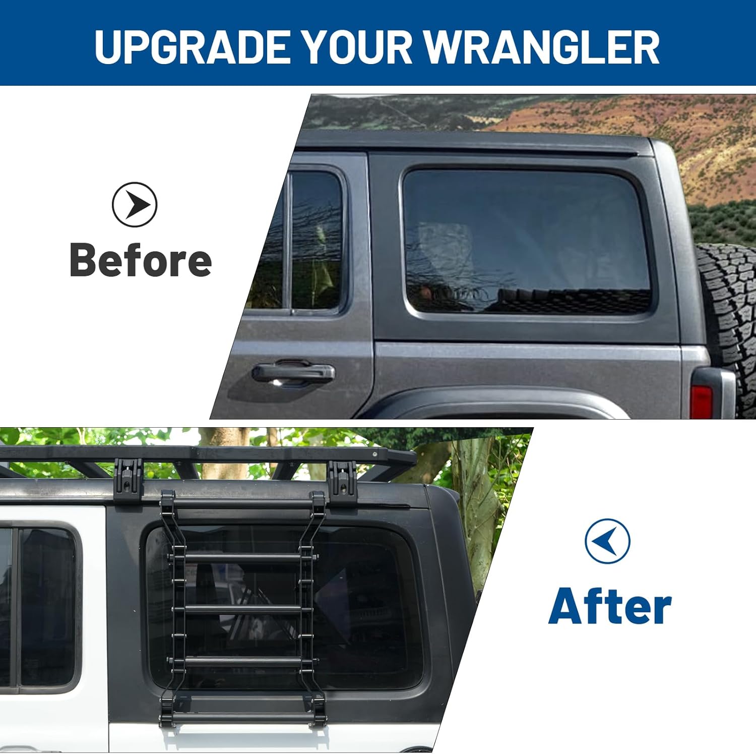 Rear Window Ladder Compatible with 2018-2025 Jeep Wrangler JL JLU 2/4 Door Luggage Ladder Rack Multifunctional Flank Kit, No-Drill Installation