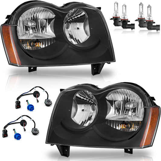 Headlights for 2005-2007 Jeep Grand Cherokee - Black/Chrome Housing, Amber Reflector, Wiring Harness Included