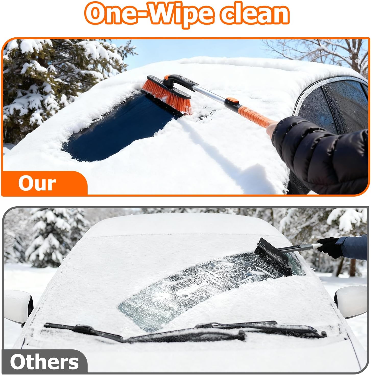 [2025 Upgrade Extendable Car Snow Brush and Ice Scraper [3-in-1] Clean Snow, Ice and Frost, 45''Adjustable Length with 360° Rotating Brush Head, Suitable for All Cars-Medium