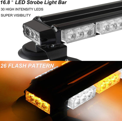 30 LED Strobe Flashing light Bar, High Intensity Emergency Hazard Warning Safety Beacon Light w/Magnetic Base 16ft Cord for Car Trucks Trailer Roof Safety(Amber White Amber White) - OMOTOR