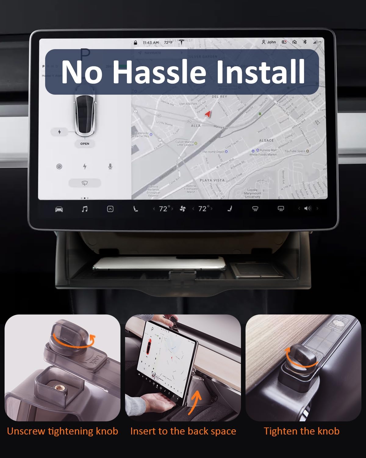 Under Screen Storage Organizer for Tesla Model Y Model 3 Accessories(include Juniper & Highland), Rattle-Free Push Latch Mechanism Perfect Fit, Tissue Dispenser, Hidden for Personal Valuables