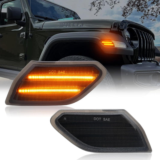 LED Front fender Side Marker Light Compatible with Wrangler JL 2018-2024 & Gladiator JT 2020-2023, Amber Flares Light Accessories, Front Wheel Eyebrow Light with Smoke Lens, Plug & Play
